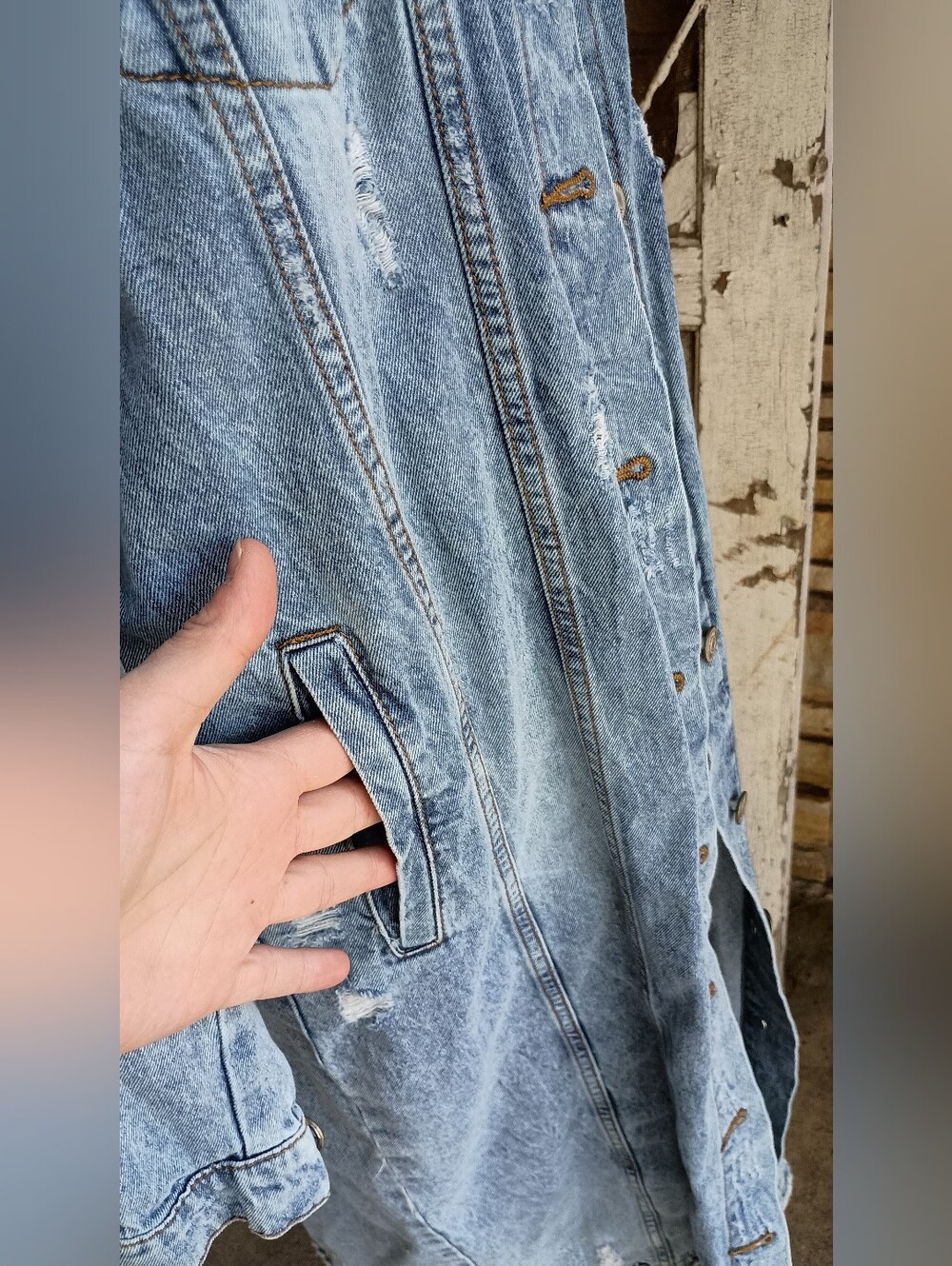Highway Jeans 100% Cotton Long Light Wash Distressed Denim Trench Coat_L - Picture 3 of 8